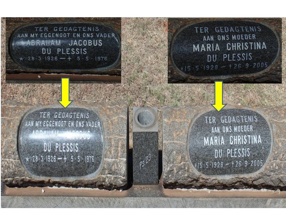 PLESSIS Abraham Jacobus, du 1926-1976 &amp; Maria Christina 1928-2005