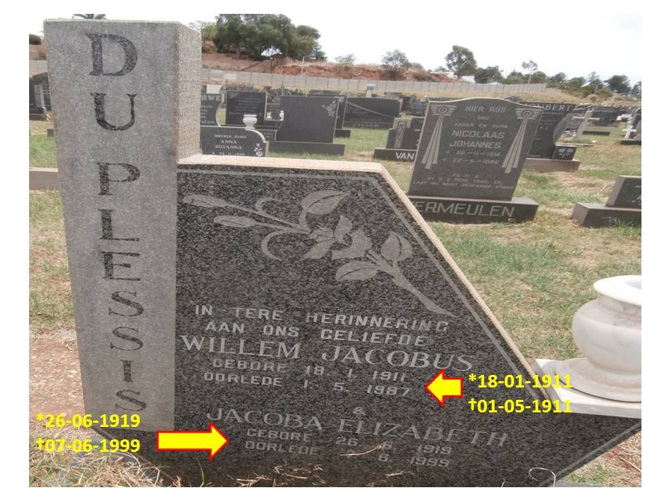 PLESSIS Willem Jacobus, du 1911-1987 &amp; Jacoba Elizabeth 1919-1999