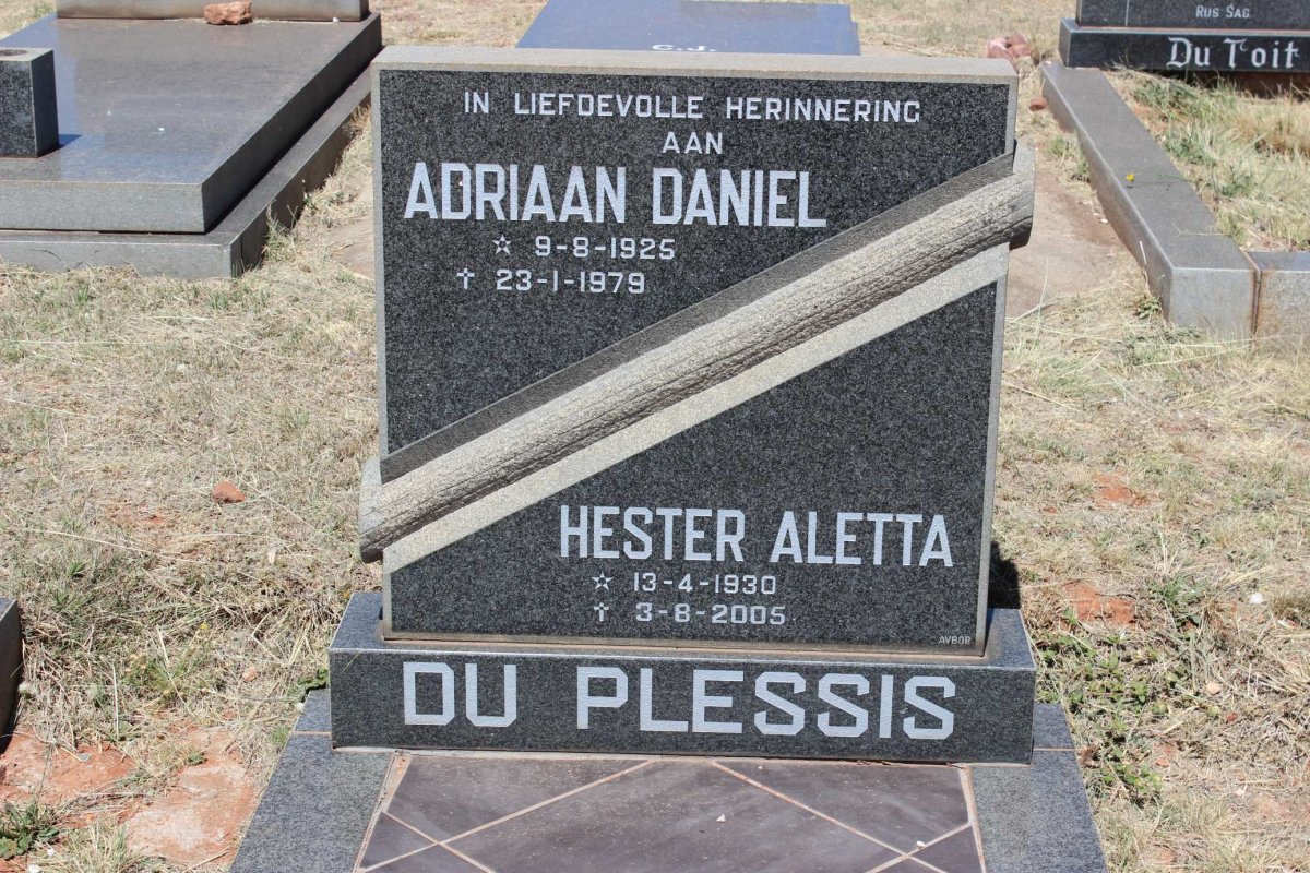 PLESSIS Adriaan Daniel, du 1925-1979 &amp; Hester Aletta 1930-2005