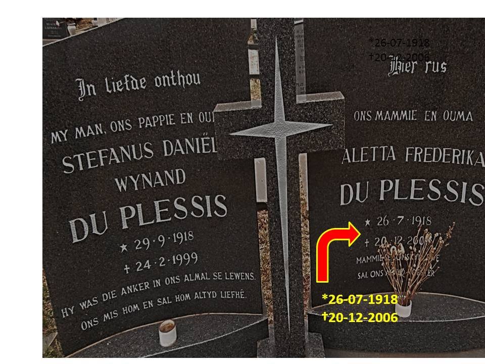 PLESSIS Stefanus Daniël Wynand, du 1918-1999 &amp; Aletta Frederika 1918-2006