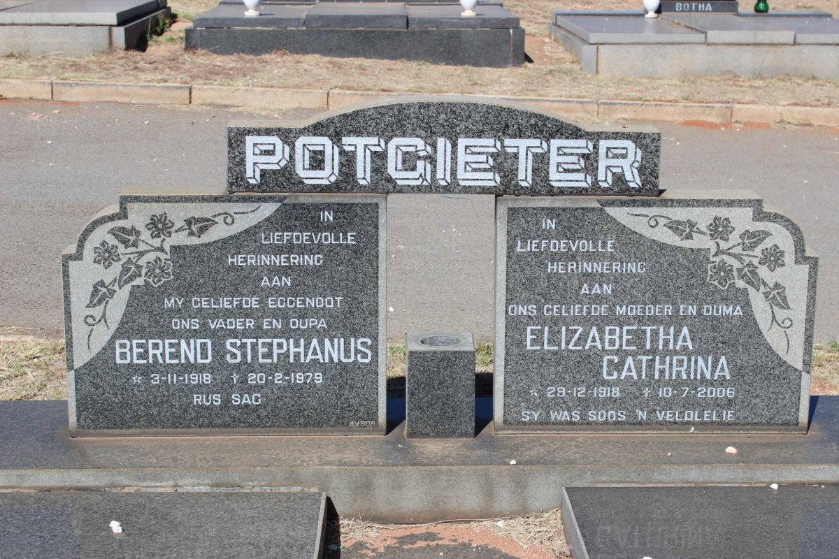 POTGIETER Berend Stephanus 1918-1979 &amp; Elizabetha Cathrina 1918-2006