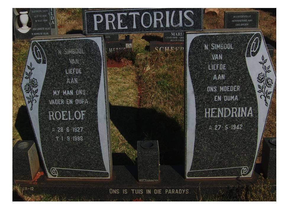 PRETORIUS Roelof 1927-1998 &amp; Hendrina 1942-