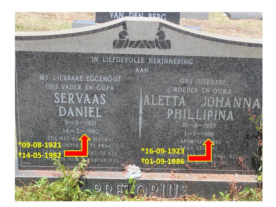 PRETORIUS Servaas Daniel 1921-1982 &amp; Aletta Johanna Phillipina 1923-1986