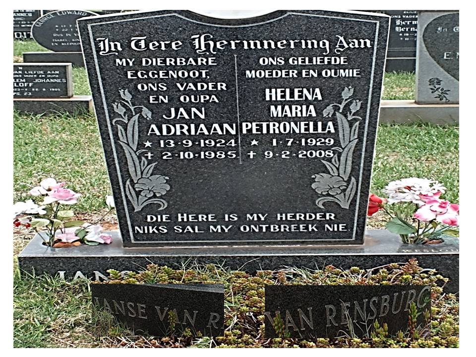 RENSBURG Jan Adriaan, Janse van 1924-1985 &amp; Helena Maria Petronella 1929-2008