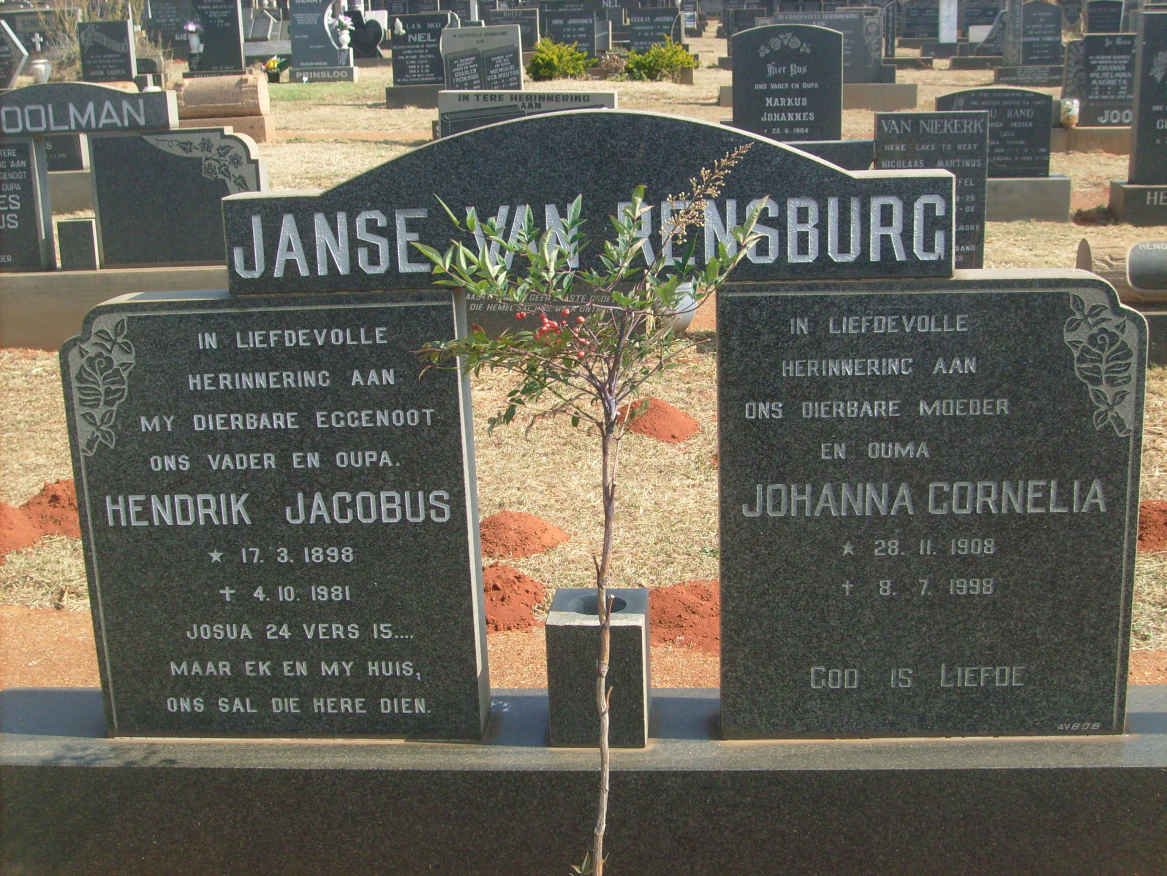 RENSBURG Hendrik Jacobus, Janse van 1898-1981 &amp; Johanna Cornelia 1908-1998