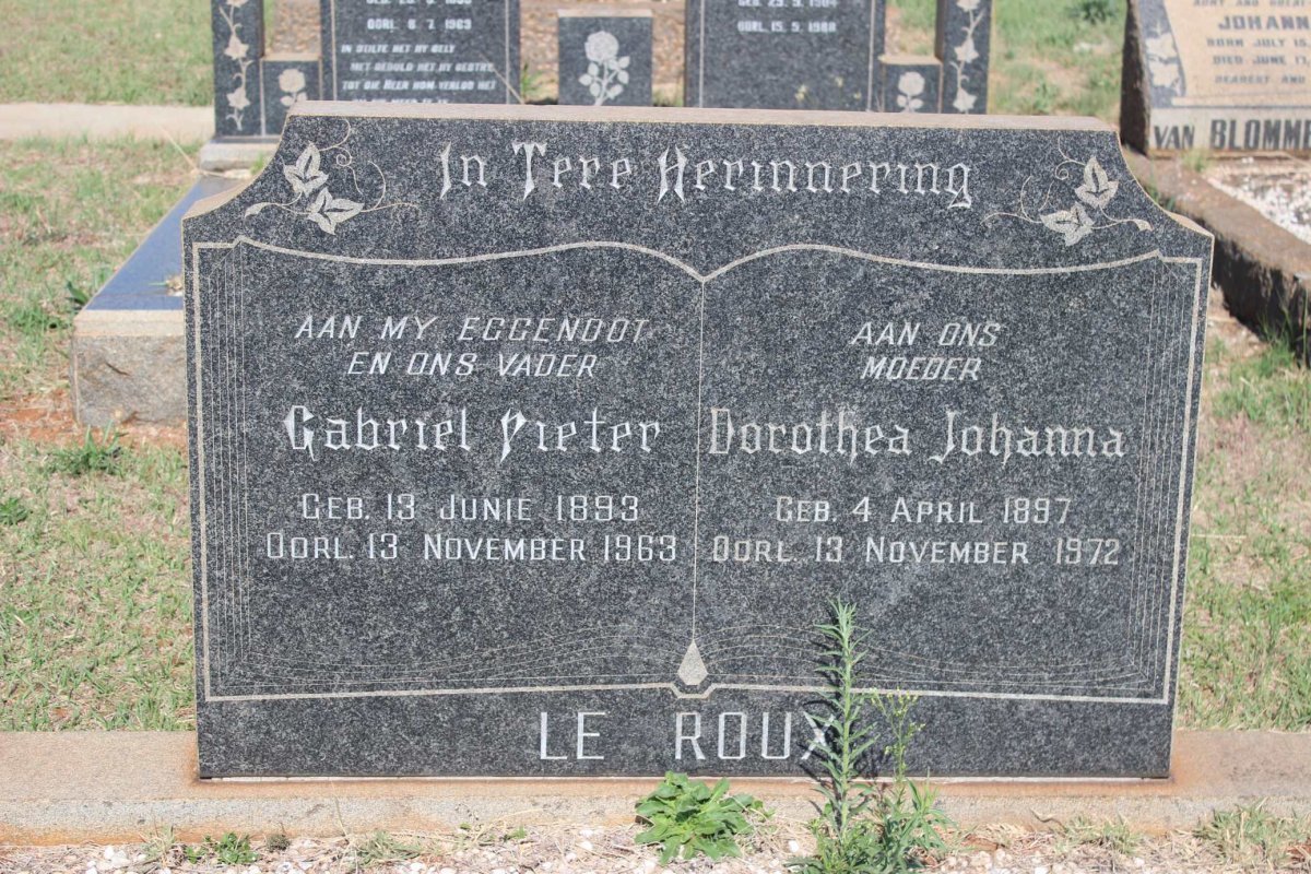 ROUX Gabriel Pieter, le 1893-1963 &amp; Dorothea Johanna 1897-1972