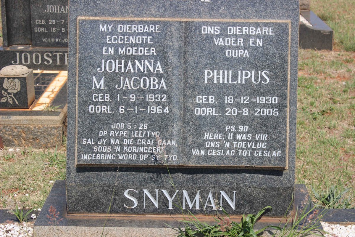 SNYMAN Philipus 1930-2005 &amp; Johanna M. Jacoba 1932-1964