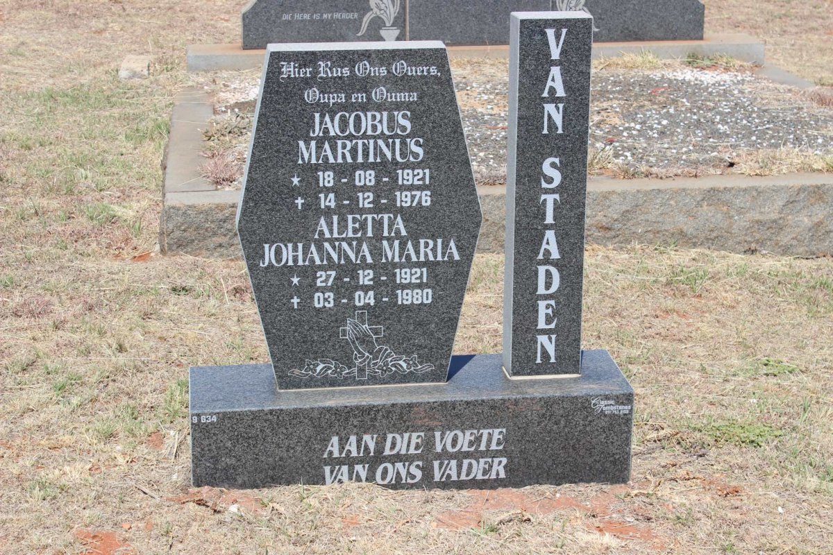 STADEN Jacobus Martinus, van 1921-1976 &amp; Aletta Johanna Maria 1921-1980
