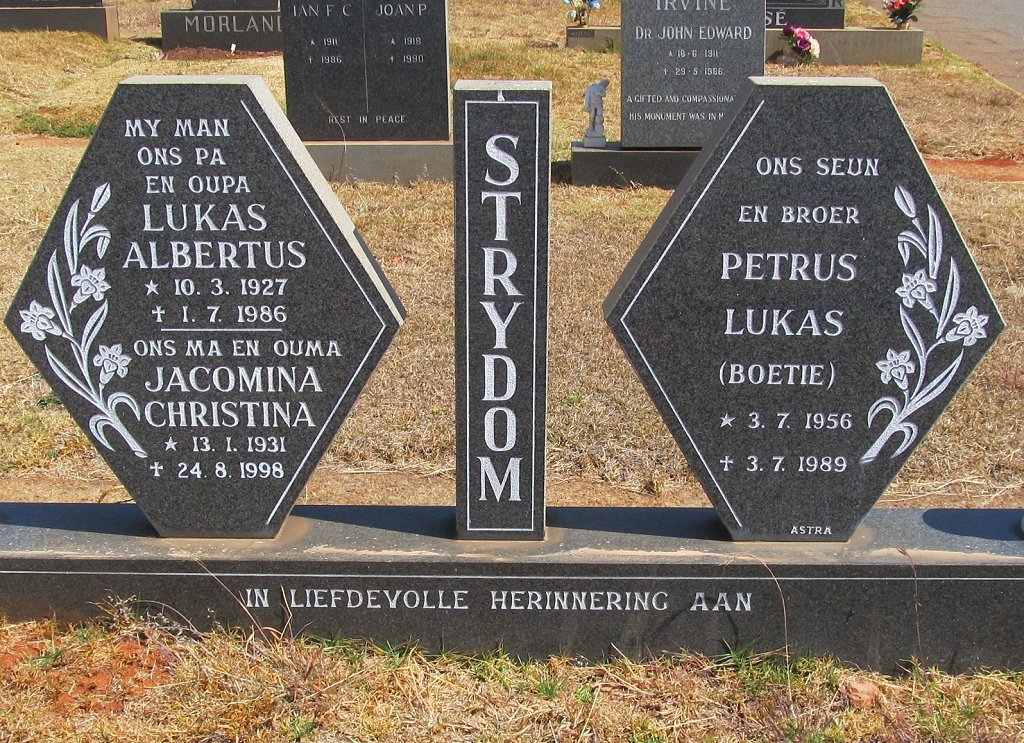STRYDOM Lukas Albertus 1927-1986 &amp; Jacomina Christina 1931-1998 :: STRYDOM Petrus Lukas 1956-1989