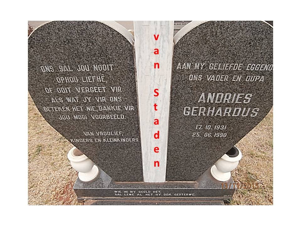 STADEN Andries Gerhardus, van 1931-1990