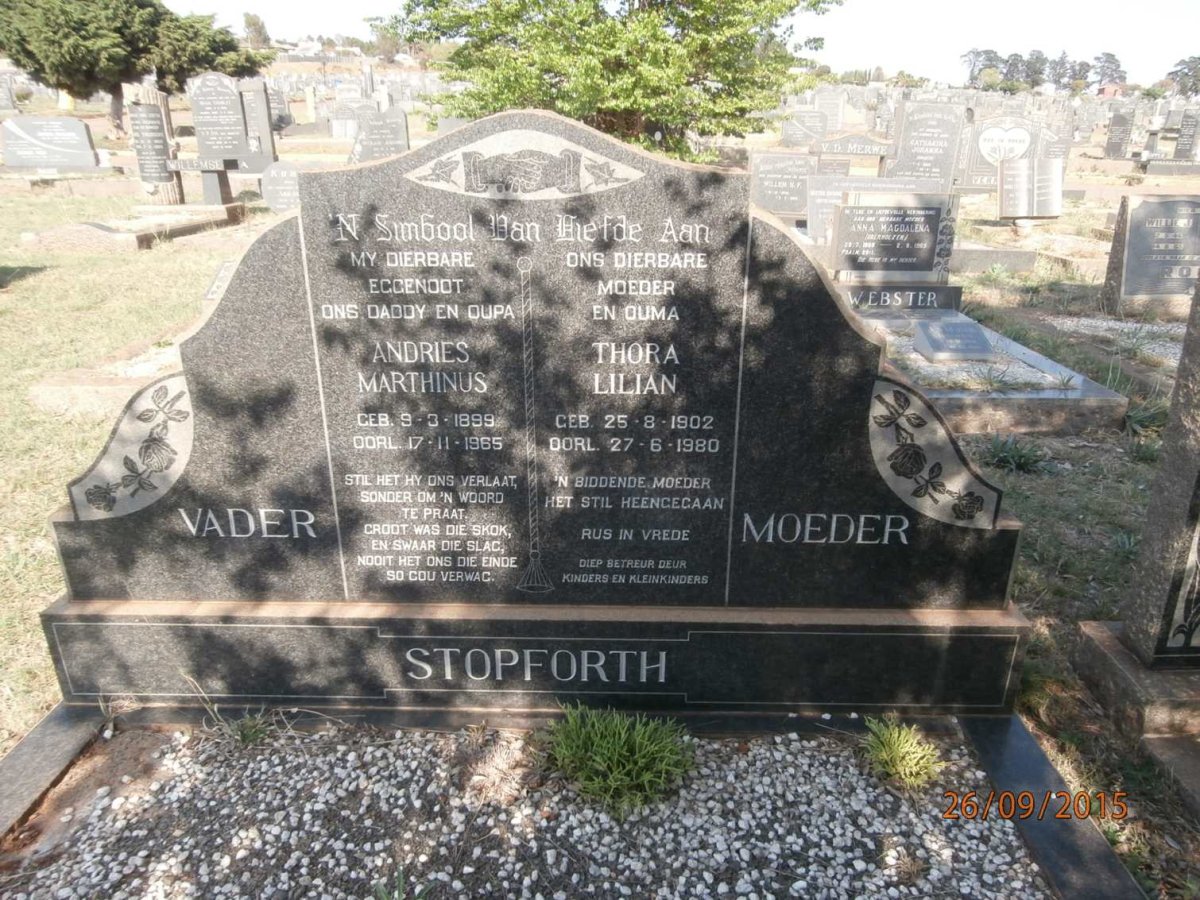 STOPFORTH Andries Marthinus 1899-1965 &amp; Thora Lilian 1902-1980