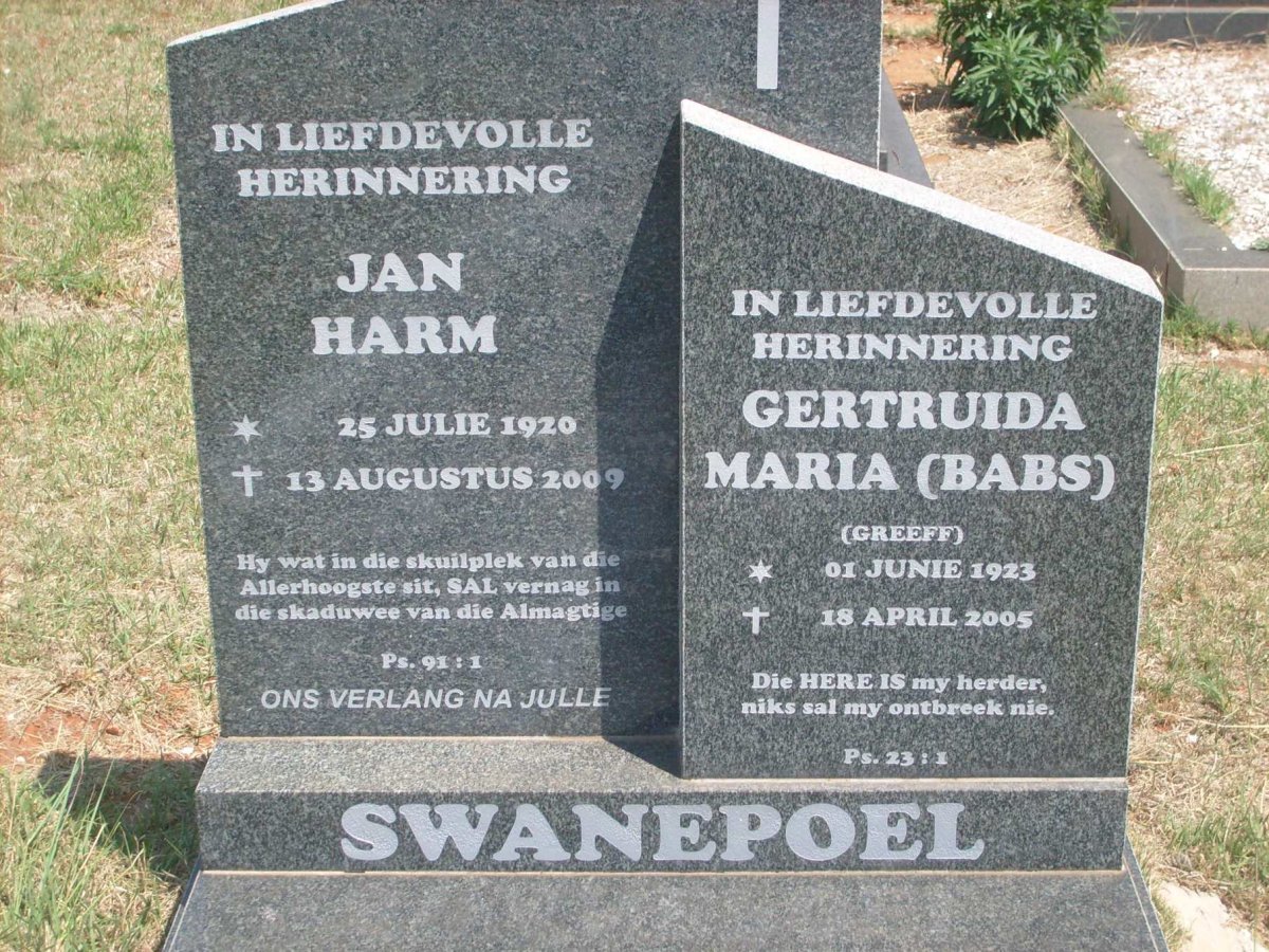 SWANEPOEL Jan Harm 1920-2009 &amp; Gertruida Maria GREEFF 1923-2005