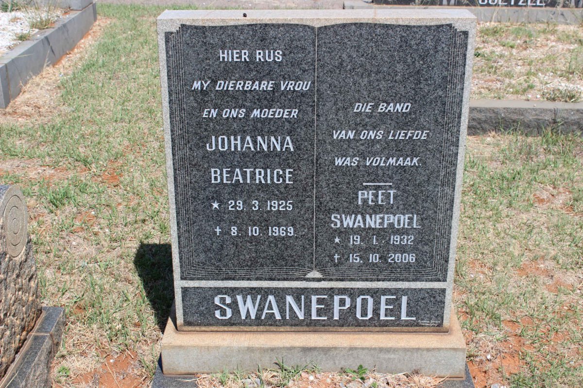 SWANEPOEL Peet 1932-2006 &amp; Johanna Beatrice 1925-1969