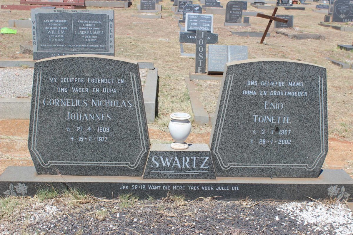 SWARTZ Cornelius Nicholas Johannes 1903-1977 &amp; Enid Toinette 1907-2002