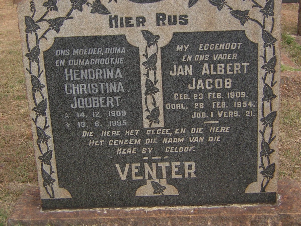 VENTER Jan Albert Jacob 1909-1954 &amp; Hendrina Christina JOUBERT 1909-1995