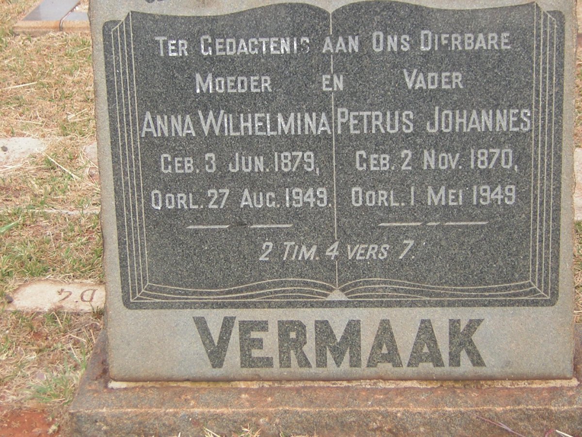 VERMAAK Petrus Johannes 1870-1949 &amp; Anna Wilhelmina 1879-1949