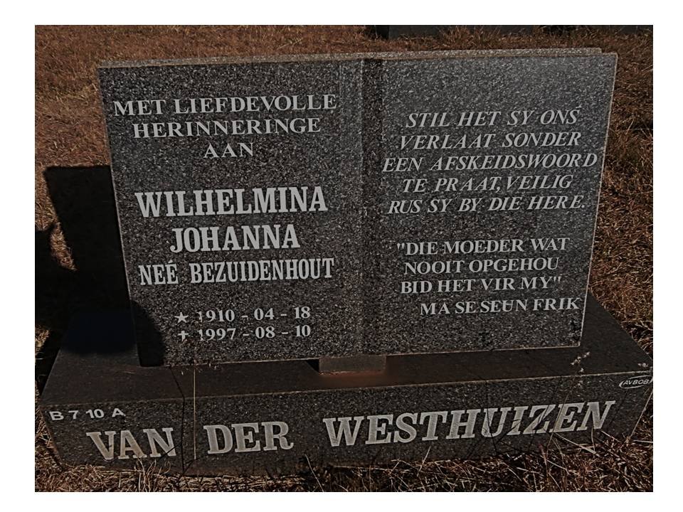 WESTHUIZEN Wilhelmina Johanna, van der nee BEZUIDENHOUT 1910-1997
