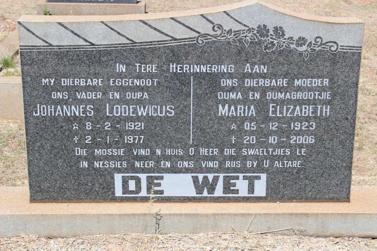 WET Johannes Lodewicus, de 1921-1977 &amp; Maria Elizabeth 1923-2006