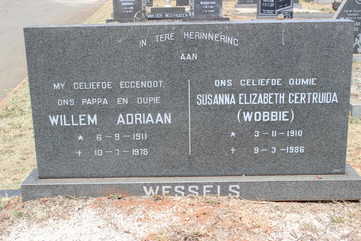 WESSELS Willem Adriaan 1911-1978 &amp; Susanna Elizabeth Gertruida 1910-1986