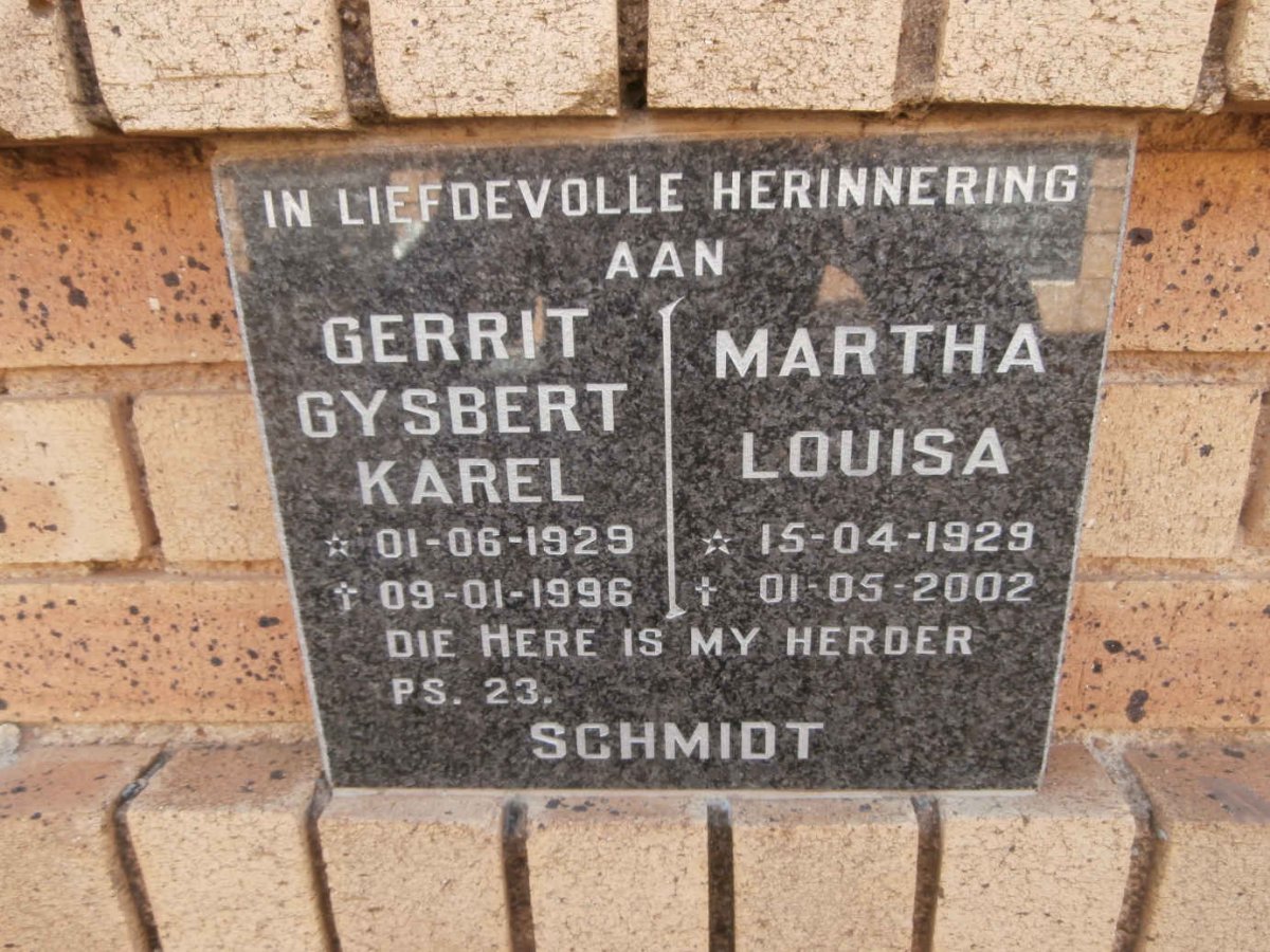 SCHMIDT Gerrit Gysbert Karel 1929-1996 &amp; Martha Louisa 1929-2002