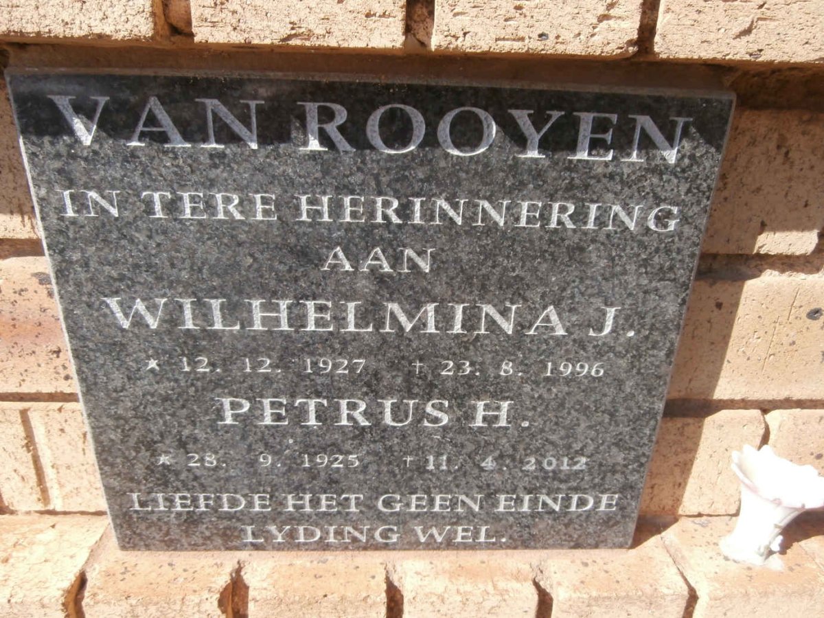 ROOYEN Petrus H., van 1925-2012 &amp; Wilhelmina J. 1927-1996