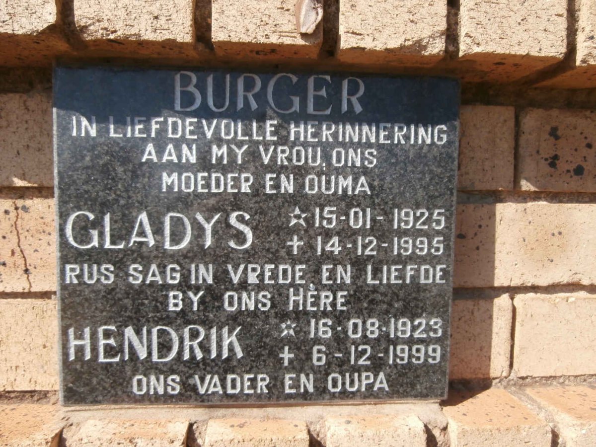 BURGER Hendrik 1923-1999 &amp; Gladys 1925-1995