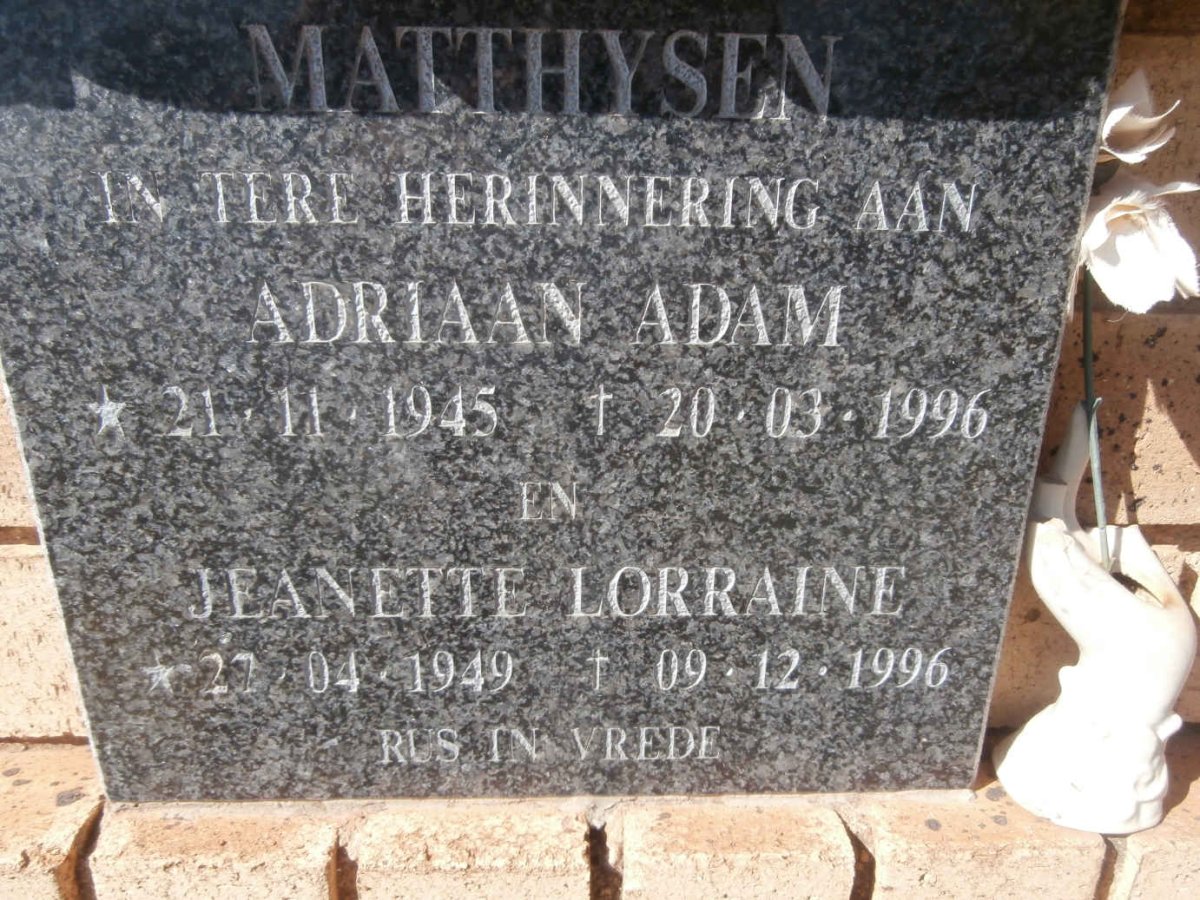 MATTHYSEN Adriaan Adam 1945-1996 &amp; Jeanette Lorraine 1949-1996