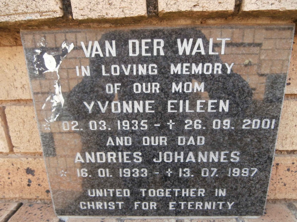 WALT Andries Johannes, van der 1933-1997 &amp; Yvonne Eileen 1935-2001