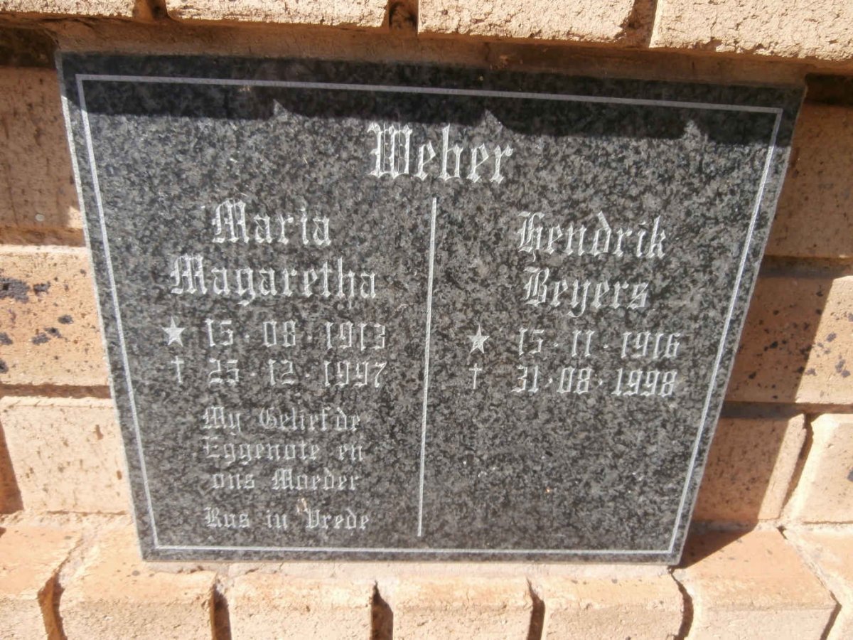 WEBER Hendrik Beyers 1916-1998 &amp; Maria Magaretha 1913-1997