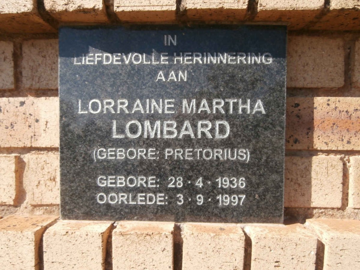 LOMBARD Lorraine Martha nee PRETORIUS 1936-1997