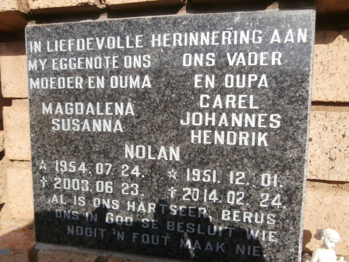 NOLAN Carel Johannes Hendrik 1951-2014 &amp; Magdalena Susanna 1954-2003