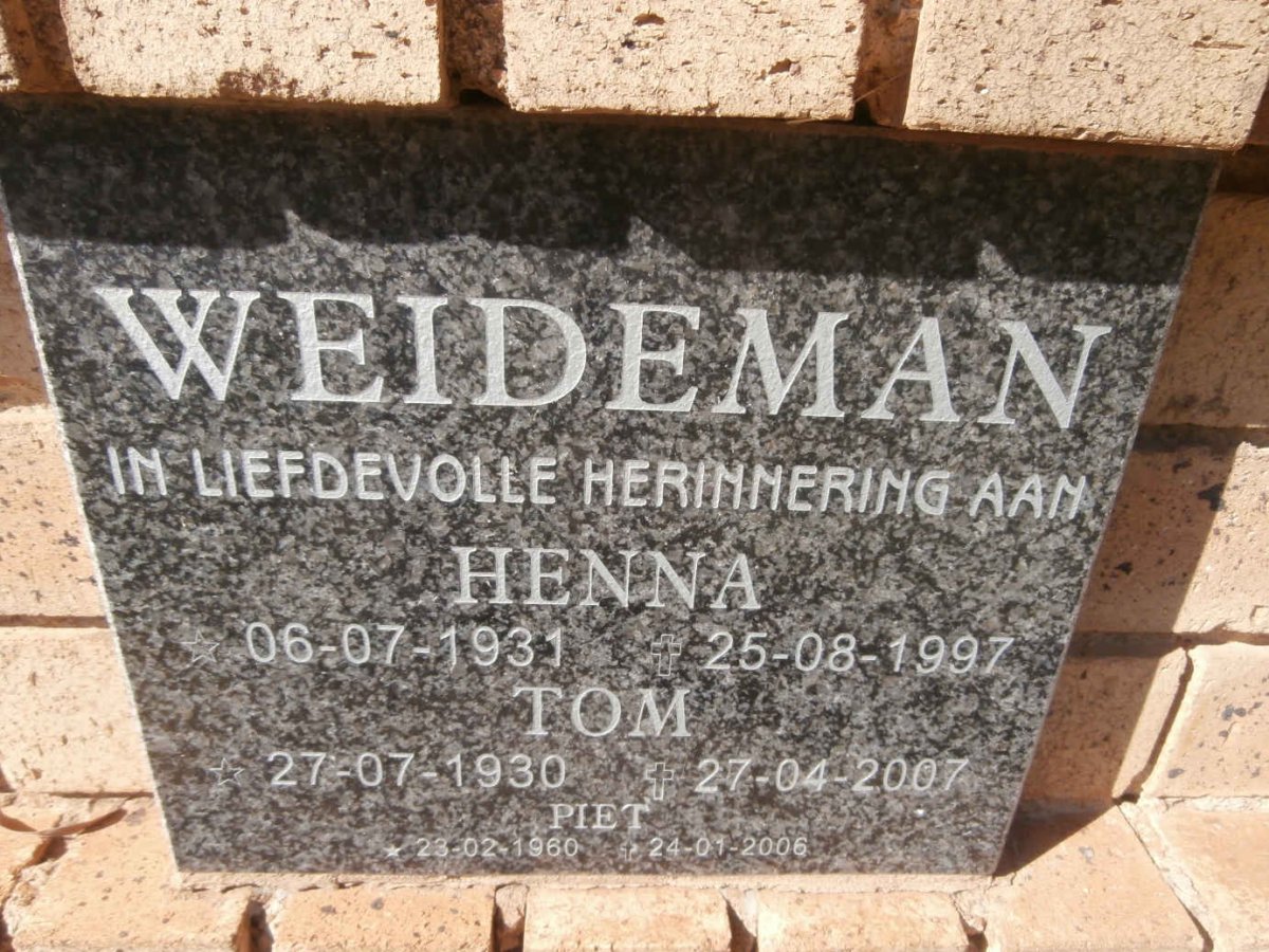 WEIDEMAN Tom 1930-2007 &amp; Henna 1931-1997