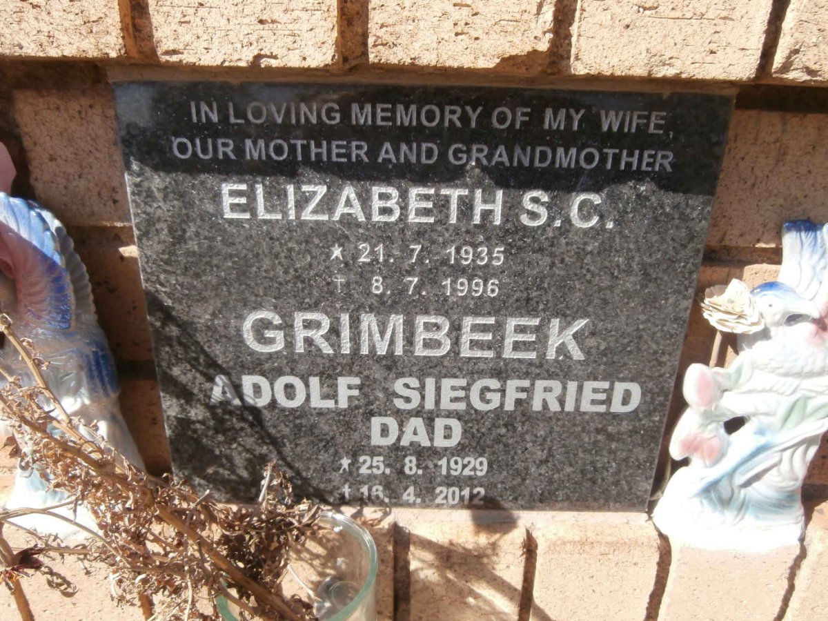 GRIMBEEK Adolf Siegfried 1929-2012 &amp; Elizabeth S.C. 1935-1996