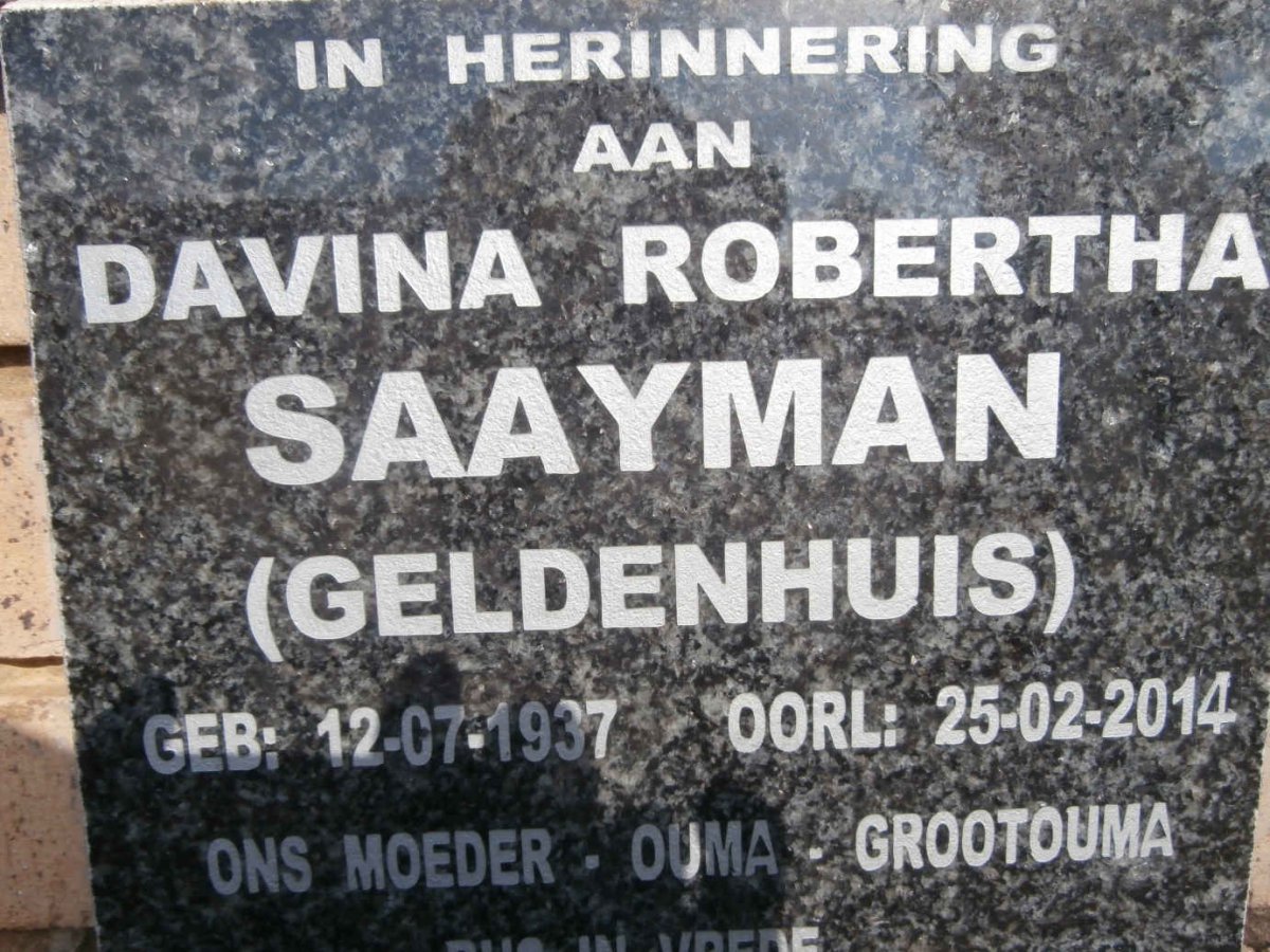 SAAYMAN Davina Robertha nee GELDENHUIS 1937-2014