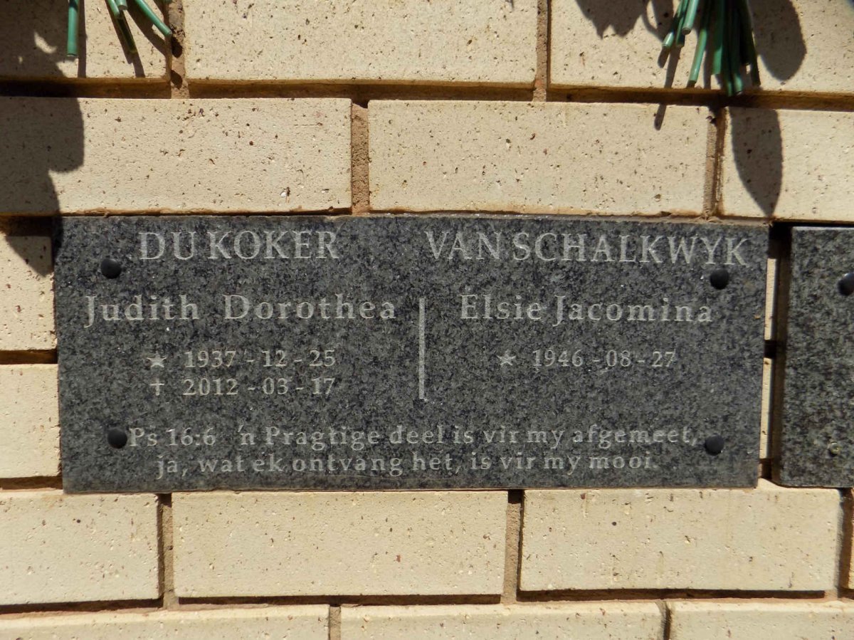 KOKER Judith Dorothea, du 1937-2012 :: SCHALKWYK Elsie Jacomina, van 1946-