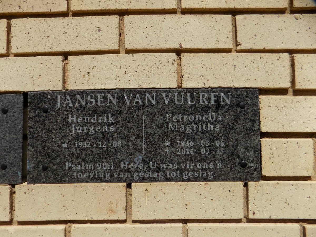 VUUREN Hendrik Jurgens, Jansen van 1932- &amp; Petronella Magritha 1936-2014
