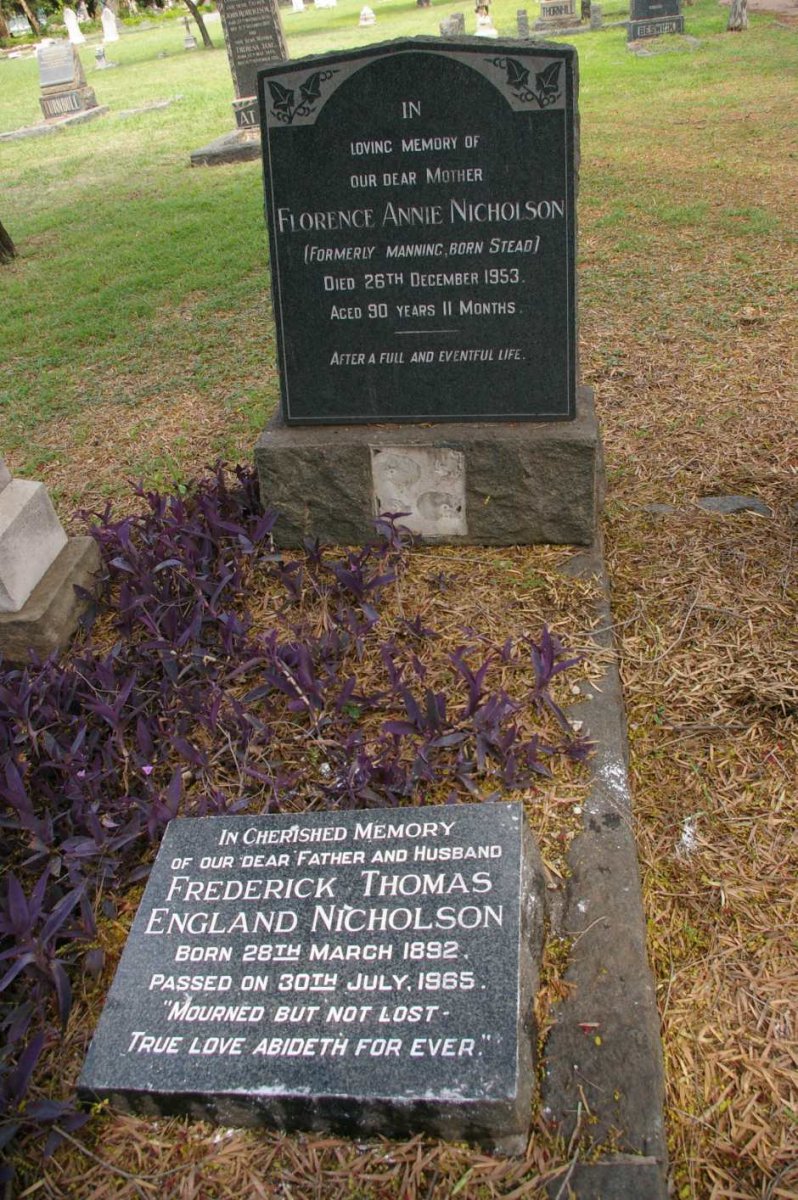 NICHOLSON Frederick Thomas England 1892-1965 :: NICHOLSON Florence Annie formerly MANNING nee STEAD -1953