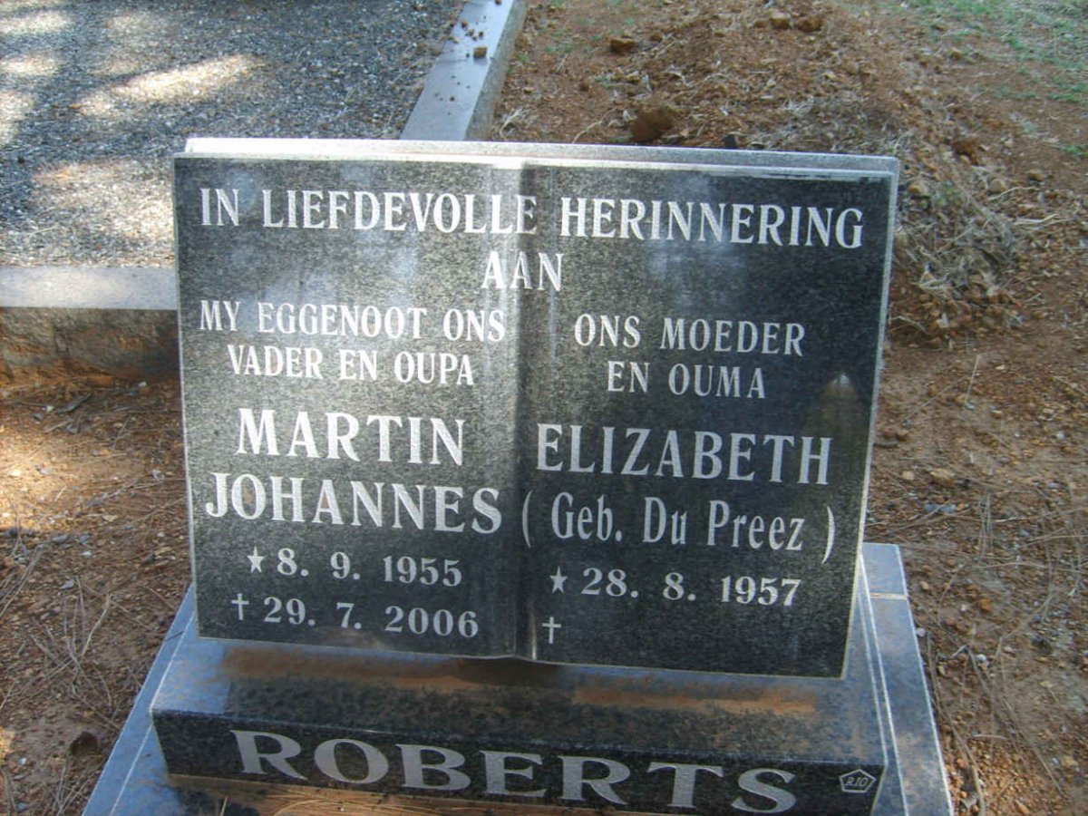 ROBBERTS Martin Johannes 1955-2006 &amp; Elizabeth DU PREEZ 1957-