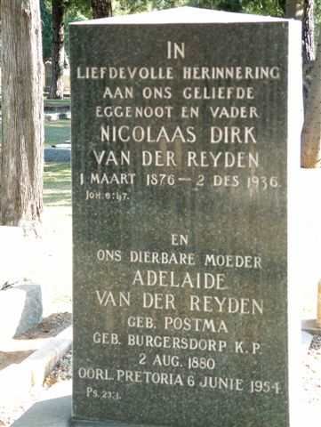 REYDEN Nicolaas Dirk, van der 1876-1936 &amp; Adelaide POSTMA 1880-1954