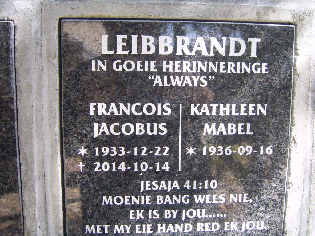 LEIBBRANDT Francois Jacobus 1933-2014 &amp; Kathleen Mabel 1936-