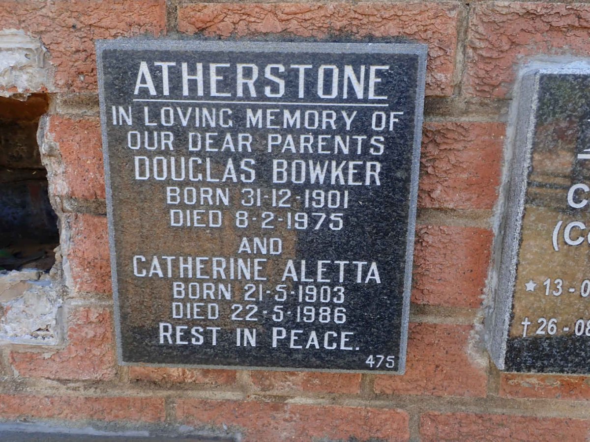 ATHERSTONE Douglas Bowker 1901-1975 &amp; Catherine Aletta 1903-1986