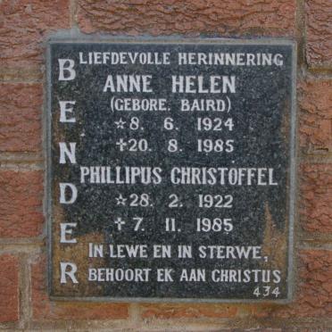 BENDER Phillipus Christoffel 1922-1985 &amp; Anne Helen BAIRD 1924-1985