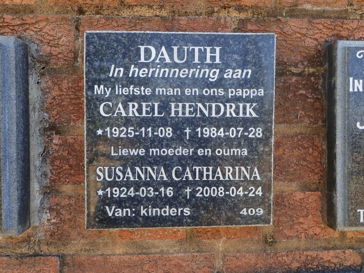 DAUTH Carel Hendrik 1925-1984 &amp; Susanna Catharina 1924-2008