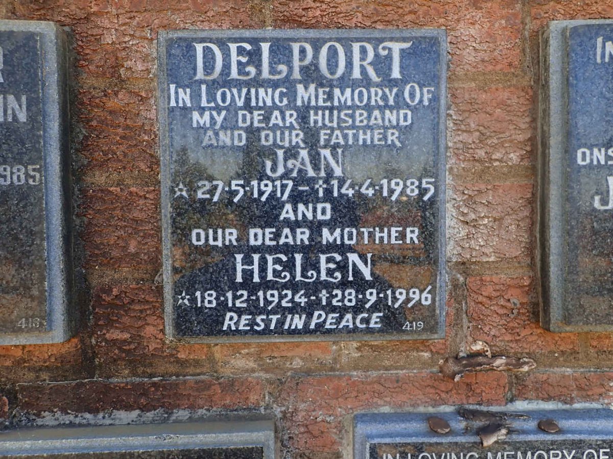 DELPORT Jan 1917-1985 &amp; Helen 1924-1996