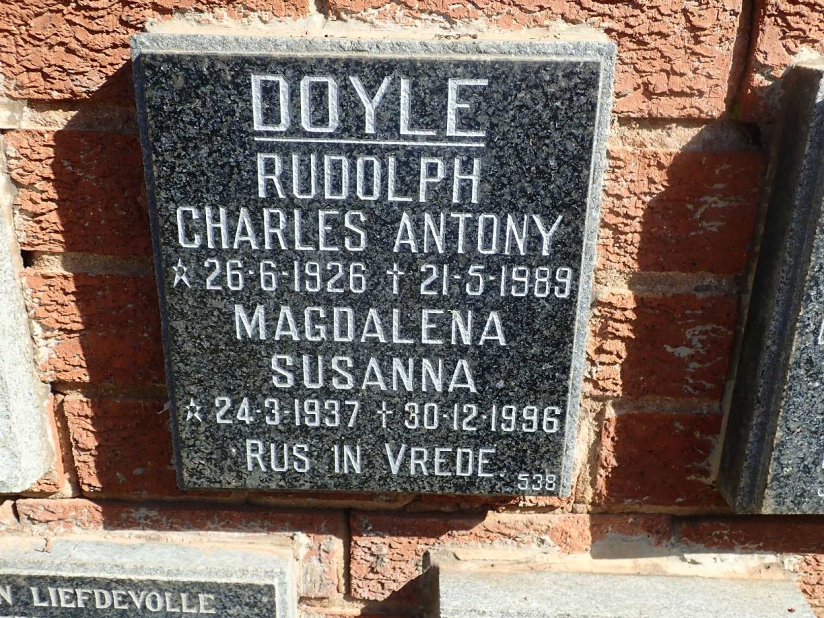 DOYLE Rudolph Charles Antony 1926-1989 &amp; Magdalena Susanna 1937-1996
