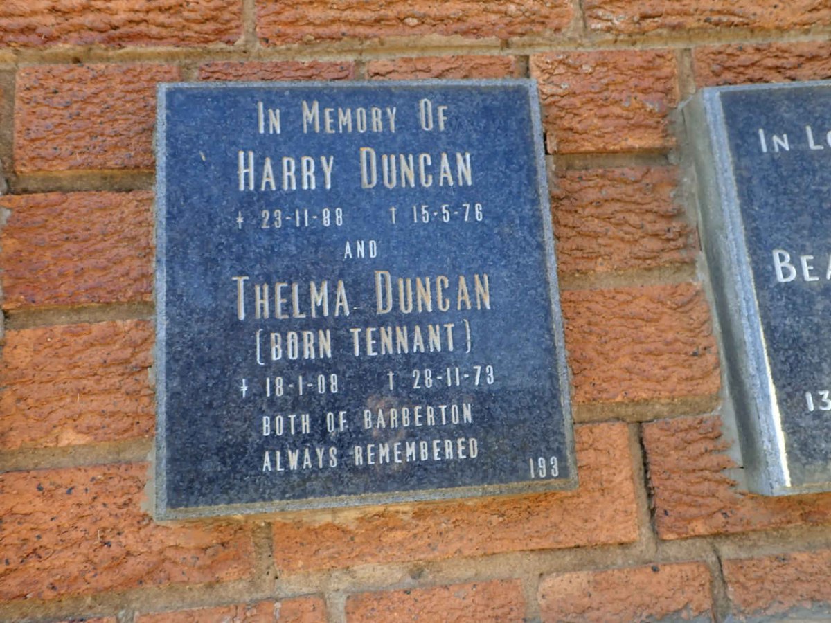 DUNCAN Harry 1888-1976 &amp; Thelma TENNANT 1908-1973
