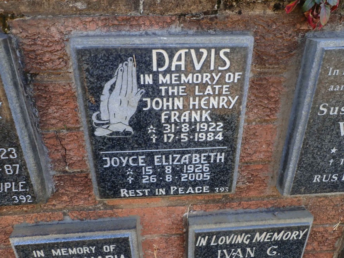 DAVIS John Henry Frank 1922-1984 &amp; Joyce Elizabeth 1925-2005