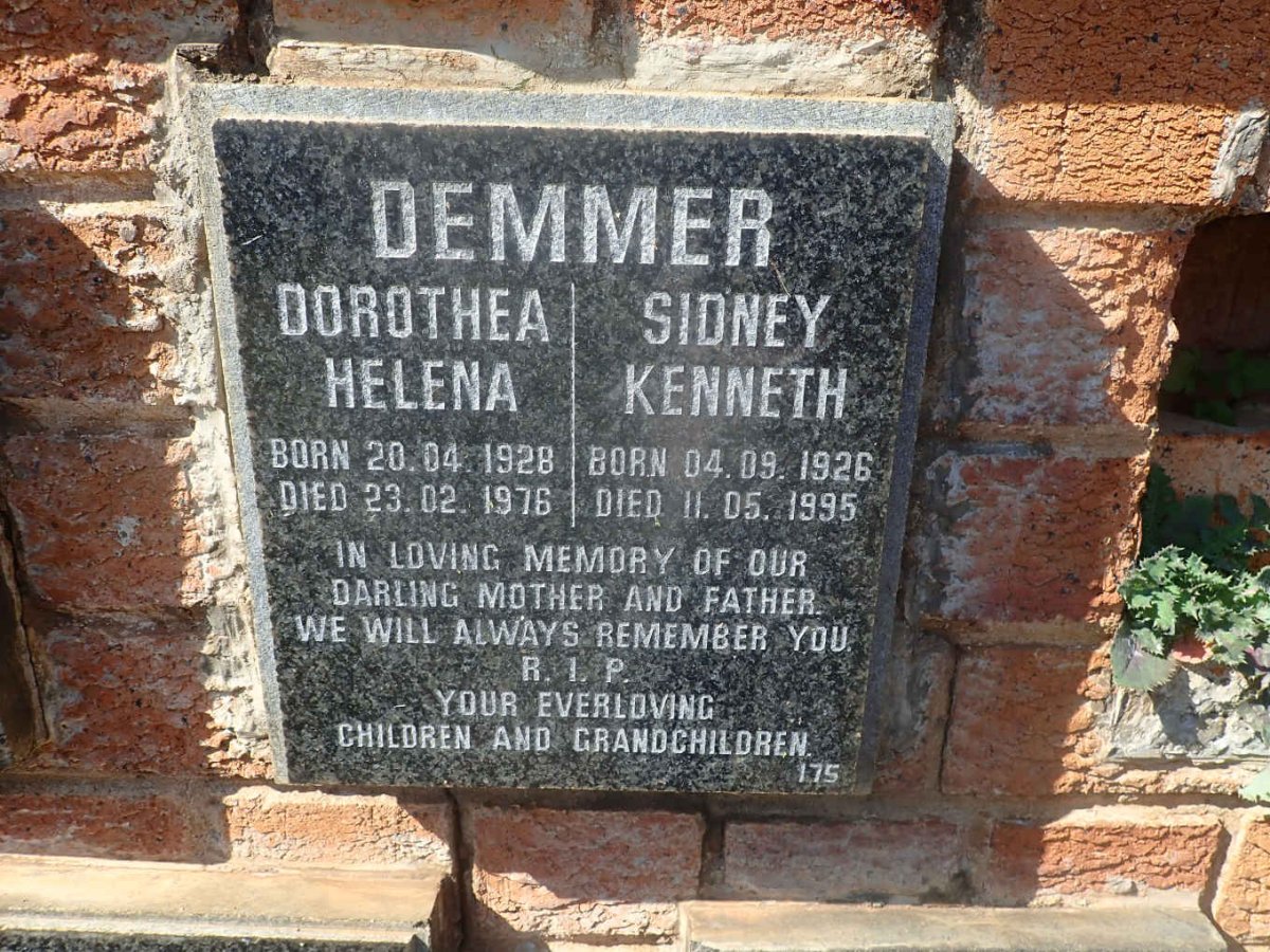 DEMMER Sidney Kenneth 1926-1995 &amp; Dorothea Helena 1928-1976