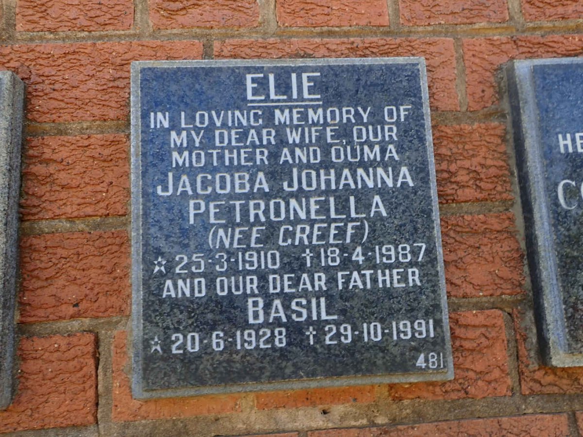 ELIE Basil 1928-1991 &amp; Jocoba Johanna Petronella GREEF 1910-1987