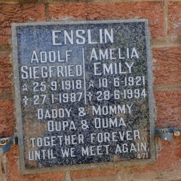 ENSLIN Adolf Siegfried 1918-1987 &amp; Amelia Emily 1921-1994